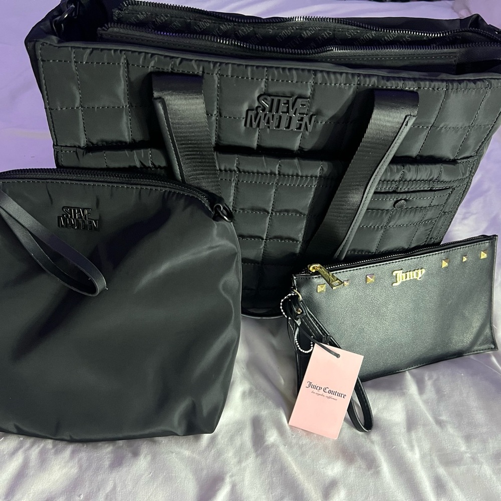 Steve Madden Black Quilted Tote with Pouch Set